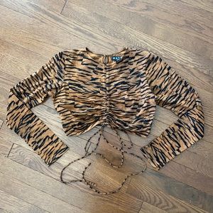 Motel Tiger Print Ruched Long Sleeve Crop Top